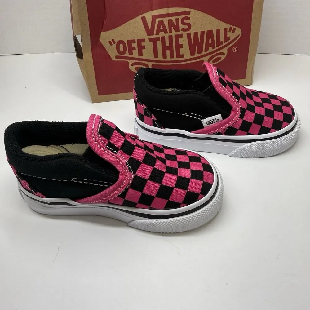 Vans Classic Slip-On Checkerboard Skate Shoe Black / Pink Toddler Sz 4 New